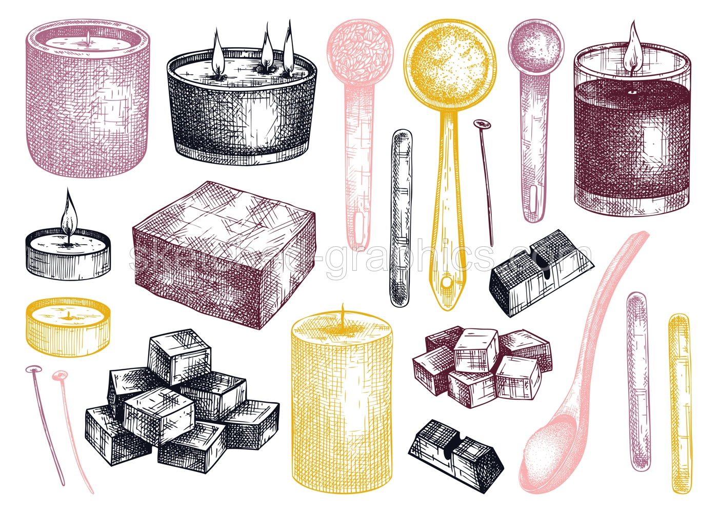 Hand-sketched aromatic candles ingredients collection. Vector illustrations of candles, wax, fragrance, color, skewers. Natural materials for aromatherapy, hobby, handcrafts, candle making. Illustration